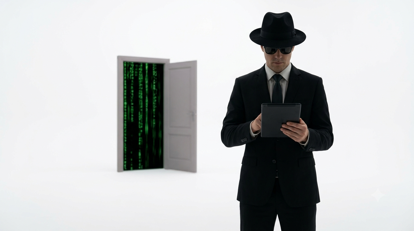 Ein Mann im schwarzen Anzug mit Hut und Sonnenbrille schaut auf ein Tablet in einem reinen weißen Raum, im Hintergrund eine offene graue Tür in die Matrix-Codeflut mit grünen fallenden Zeichen